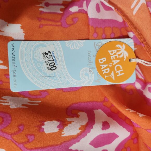 Mud Pie One Shoulder Large XL Pom Pom Beach Cover Up Orange Pink Ikat Print NWT - Picture 5 of 5
